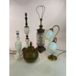 A quantity of table lamps including alabaster, glass, and copper bases (5)