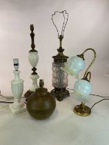 A quantity of table lamps including alabaster, glass, and copper bases (5)