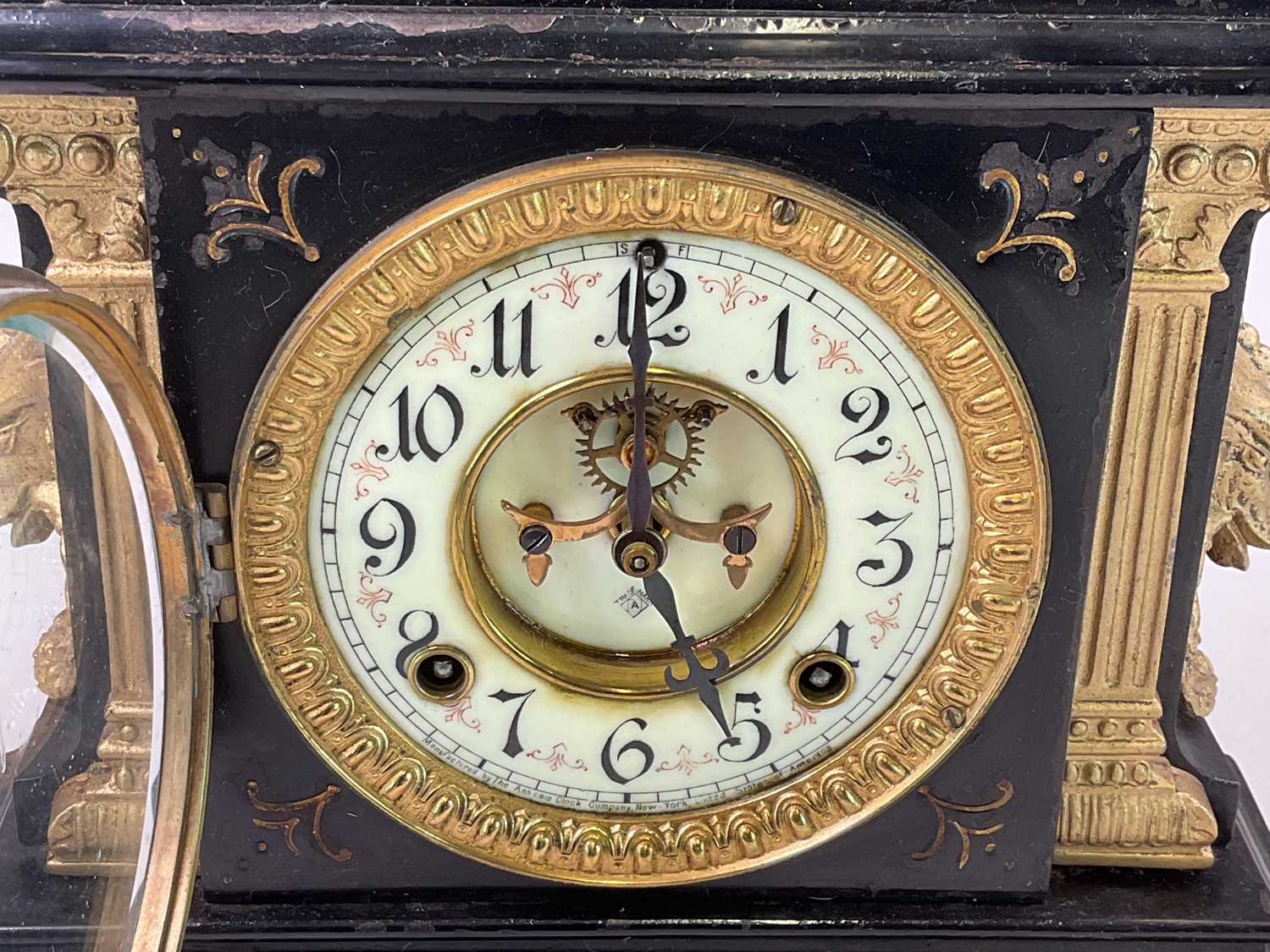 ANSONIA CLOCK CO; a mantel clock in black enamelled iron case with gilded decoration, height 31cm, - Image 2 of 4