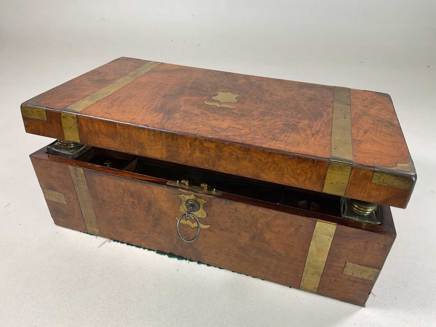 A burr walnut writing slope with brass strapping and corners, brass topped inkwells, escutcheons and - Image 2 of 2