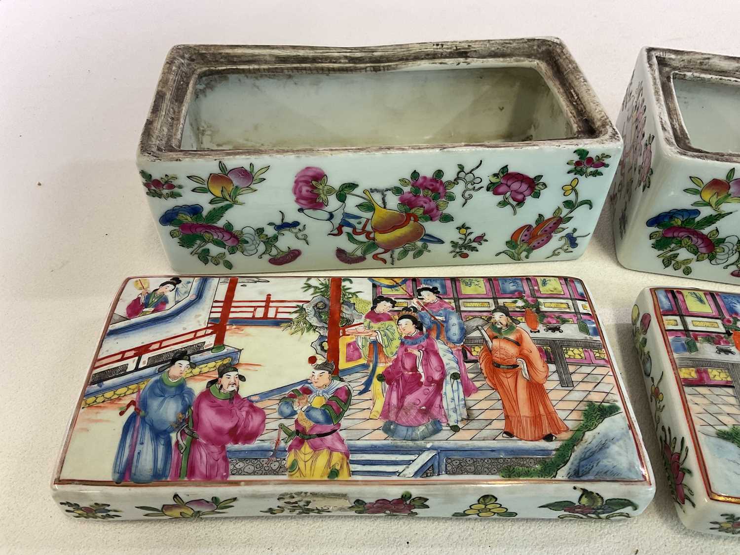 A Canton Famille Rose pair of boxes 20 x 9 x 9.5cm, also a Chinese scroll, 160 x 44cm and - Image 7 of 15