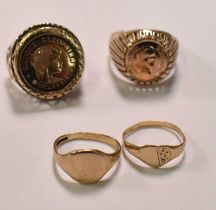 Four damaged yellow gold rings, two set with imitation 'coins', combined approx 7.6g (two badly