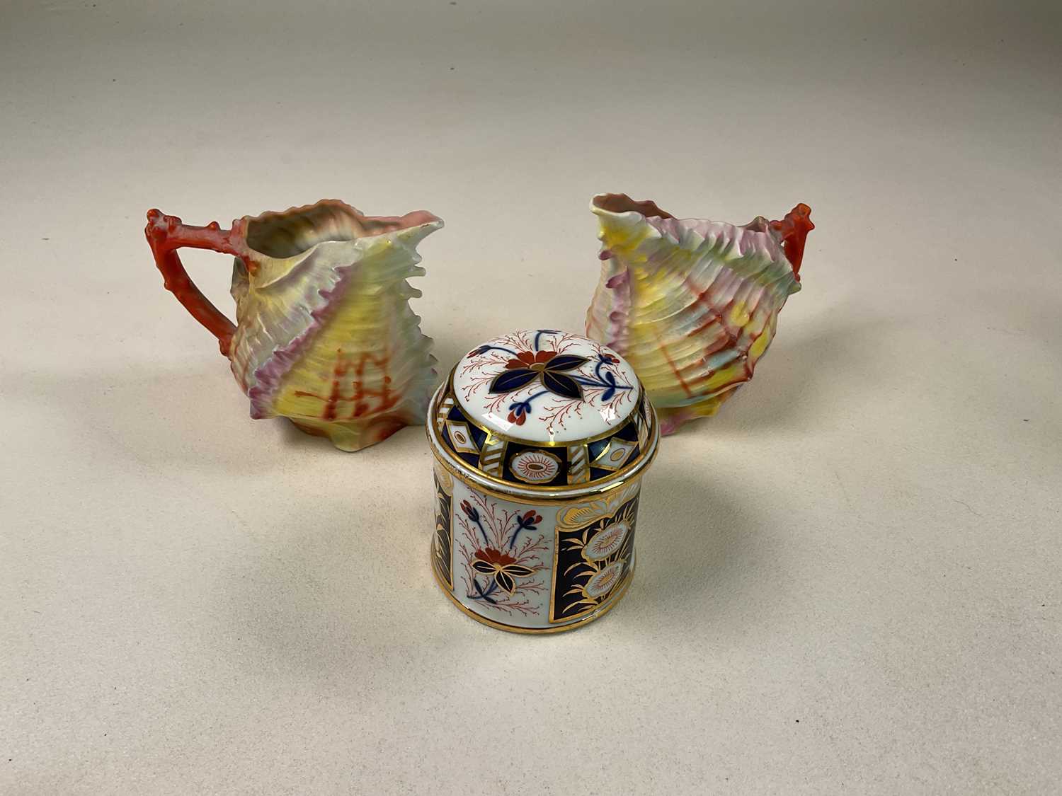 A glass dome on wooden stand, height 26cm, a Davenport Imari pot, a pair of ceramic jugs styled as - Image 3 of 4