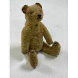 A small vintage mohair Teddy bear with glass eyes and a hump back, stitched nose, paws and feet,