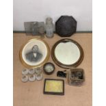 Mixed collectors' items including brass oval mirror, glass apothecary jar, wooden display box,