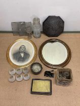 Mixed collectors' items including brass oval mirror, glass apothecary jar, wooden display box,