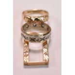 A 9ct yellow gold ring decorated with elephants, size K, a 9ct yellow gold single earring (
