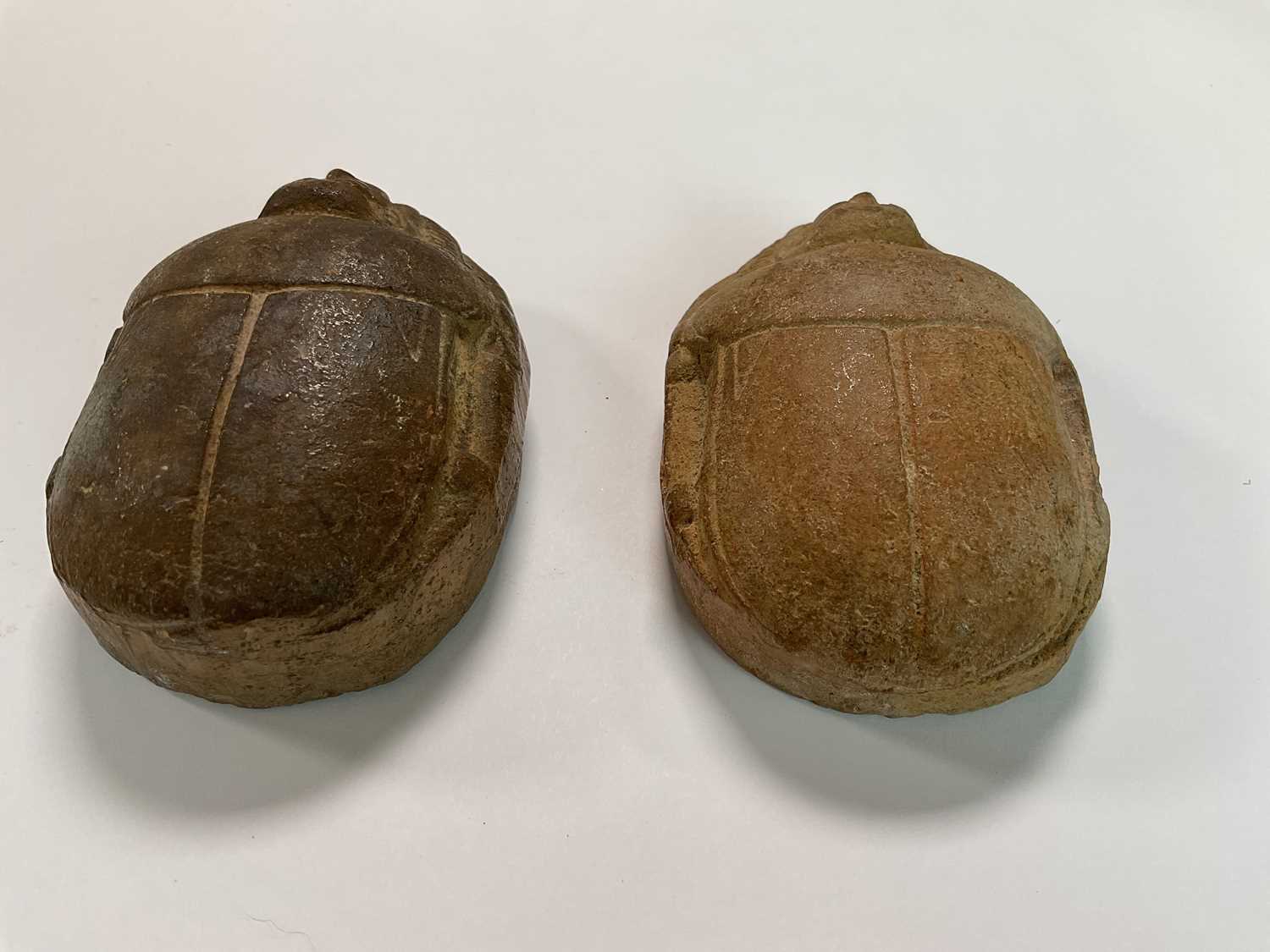 Two large carved stone scarabs with hieroglyphs to their bases, length 9cm. - Image 3 of 4