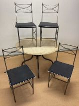 A marble topped garden table, diameter 108cm, with four metal chairs and four seat cushions.