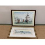 REX HUNTER; watercolour, masted vessel approaching harbour, signed, 28.5 x 41.4cm, and a Mark