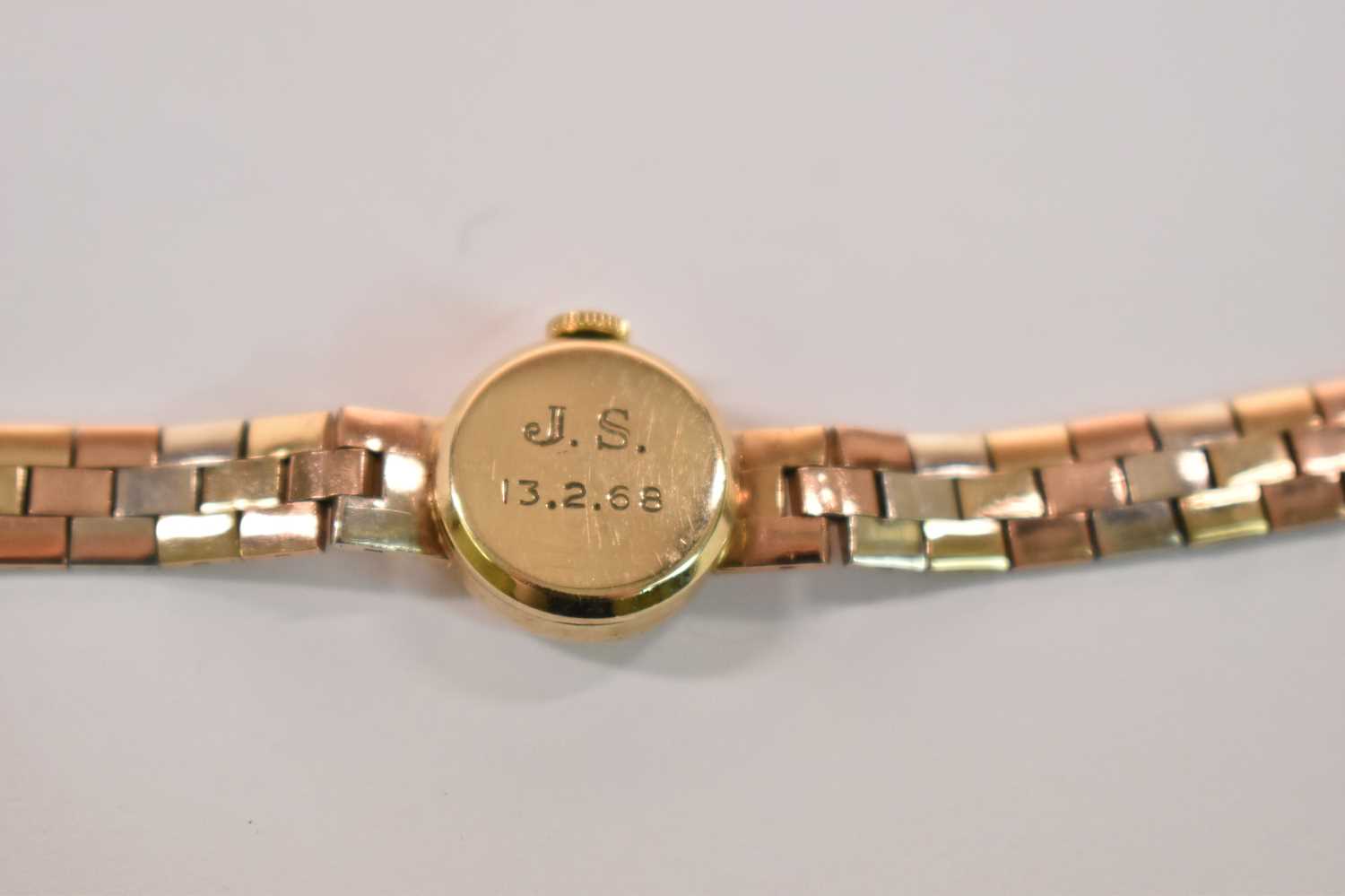 ROLEX; a lady's 9ct yellow gold wristwatch with tricolour bracelet and engraved inscription to - Image 4 of 5