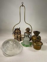 A pair of clear vintage holophane style glass ceiling lights, a Murano style bubble ceiling light in