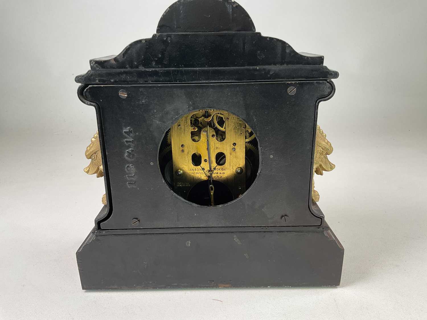 ANSONIA CLOCK CO; a mantel clock in black enamelled iron case with gilded decoration, height 31cm, - Image 3 of 4