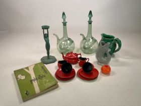 Collectors' items including a pair of mid century green glass wine decanters, a Carlton Tea for Two,
