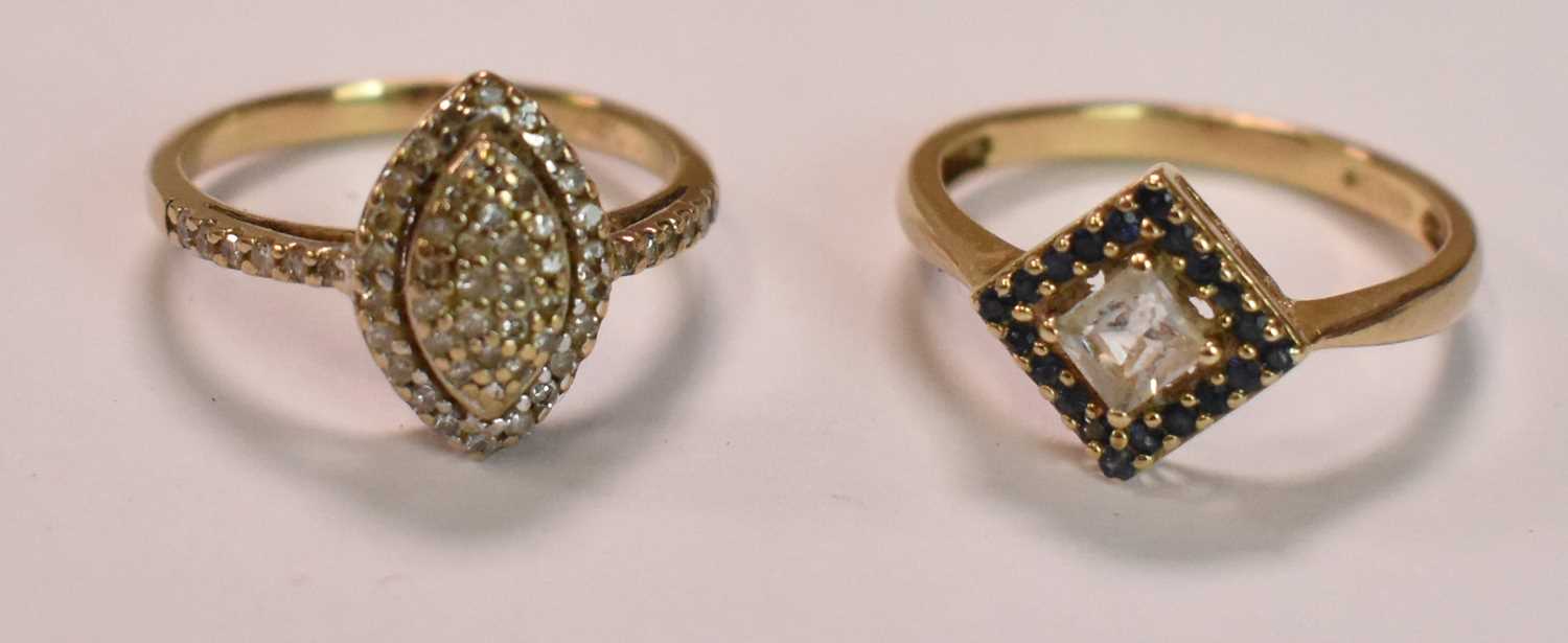 Two 9ct yellow gold lozenge shaped dress rings, sizes L 1/2 and J 1/2, combined approx 3.8g (2).