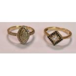 Two 9ct yellow gold lozenge shaped dress rings, sizes L 1/2 and J 1/2, combined approx 3.8g (2).