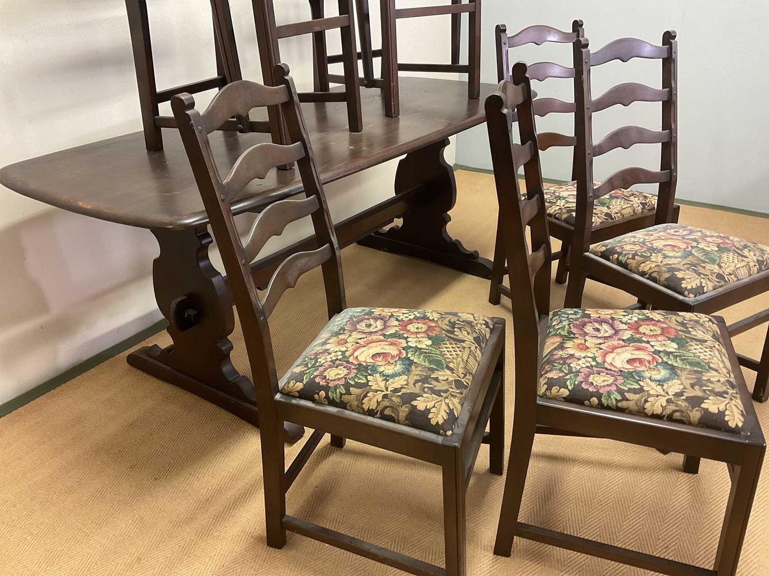 ERCOL; a dark stained table, length 180cm, width 80cm, with six chairs including two carvers with - Image 4 of 4