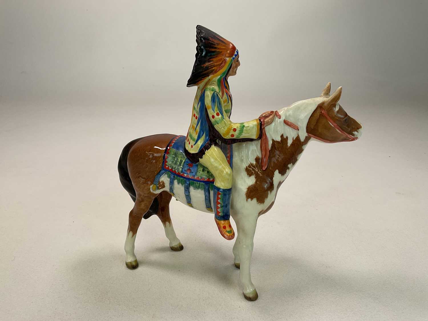BESWICK; a mounted Native American on skewbald horse, model 1391, gloss finish, black Beswick - Image 2 of 3