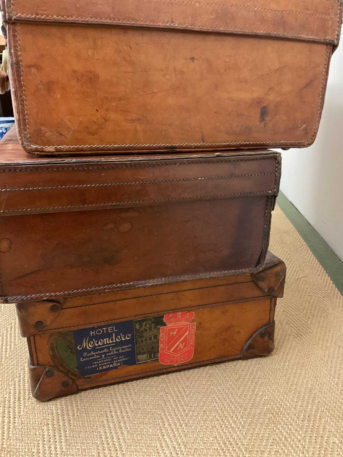 Five 20th century leather suitcases, largest 66 x 41 x 20cm. - Image 3 of 3