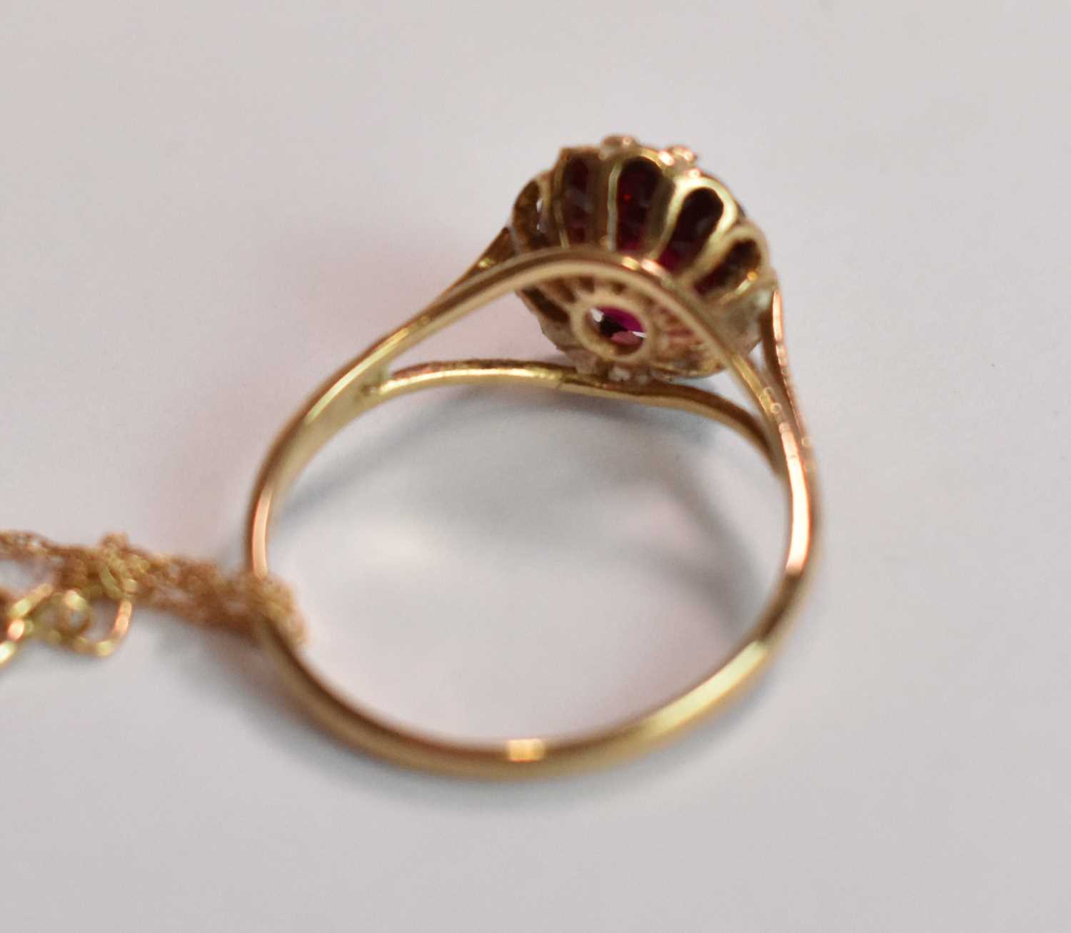 A 9ct yellow gold dress ring, size N, with matching pendant on fine link chain, combined approx 3. - Image 3 of 3