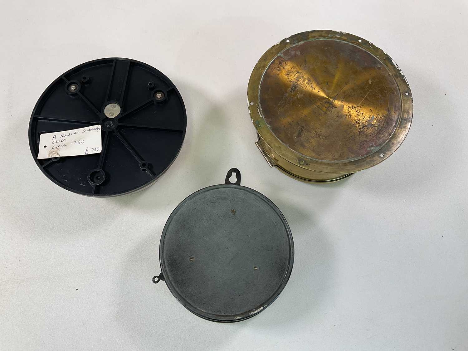 Three brass ship's clocks including a Russian naval submarine clock circa 1960, diameter 17cm - Image 2 of 2