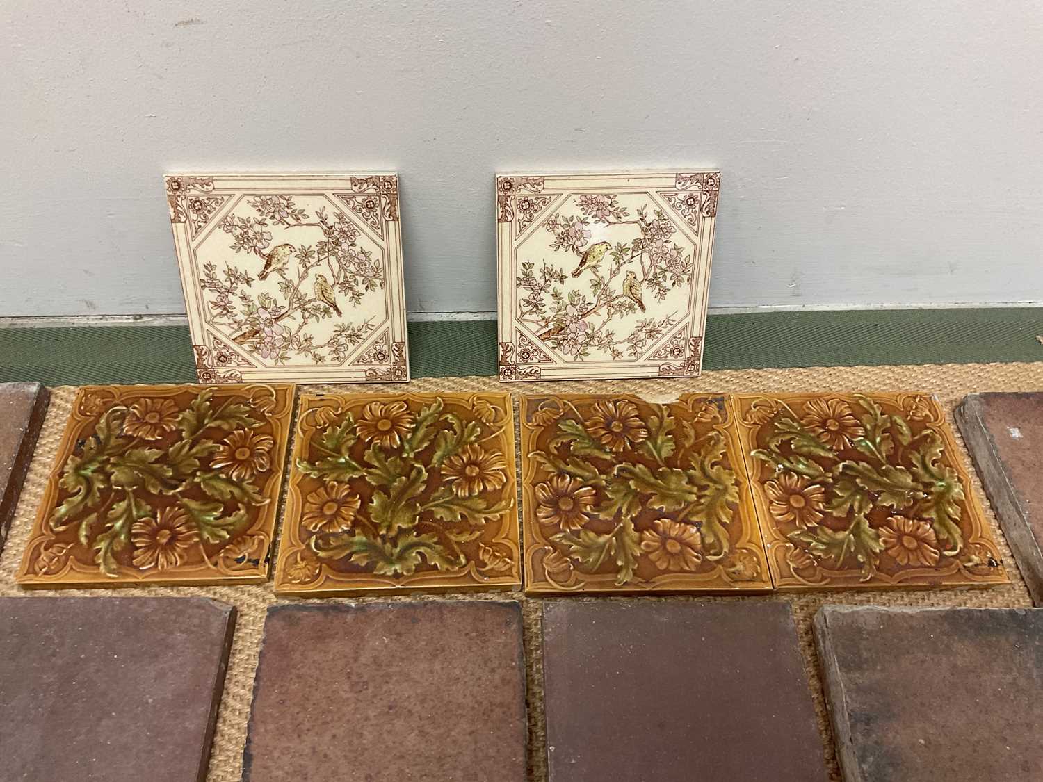 A quantity of tiles, six decorated, the rest plain, each approx 15 x 15cm. - Image 2 of 3