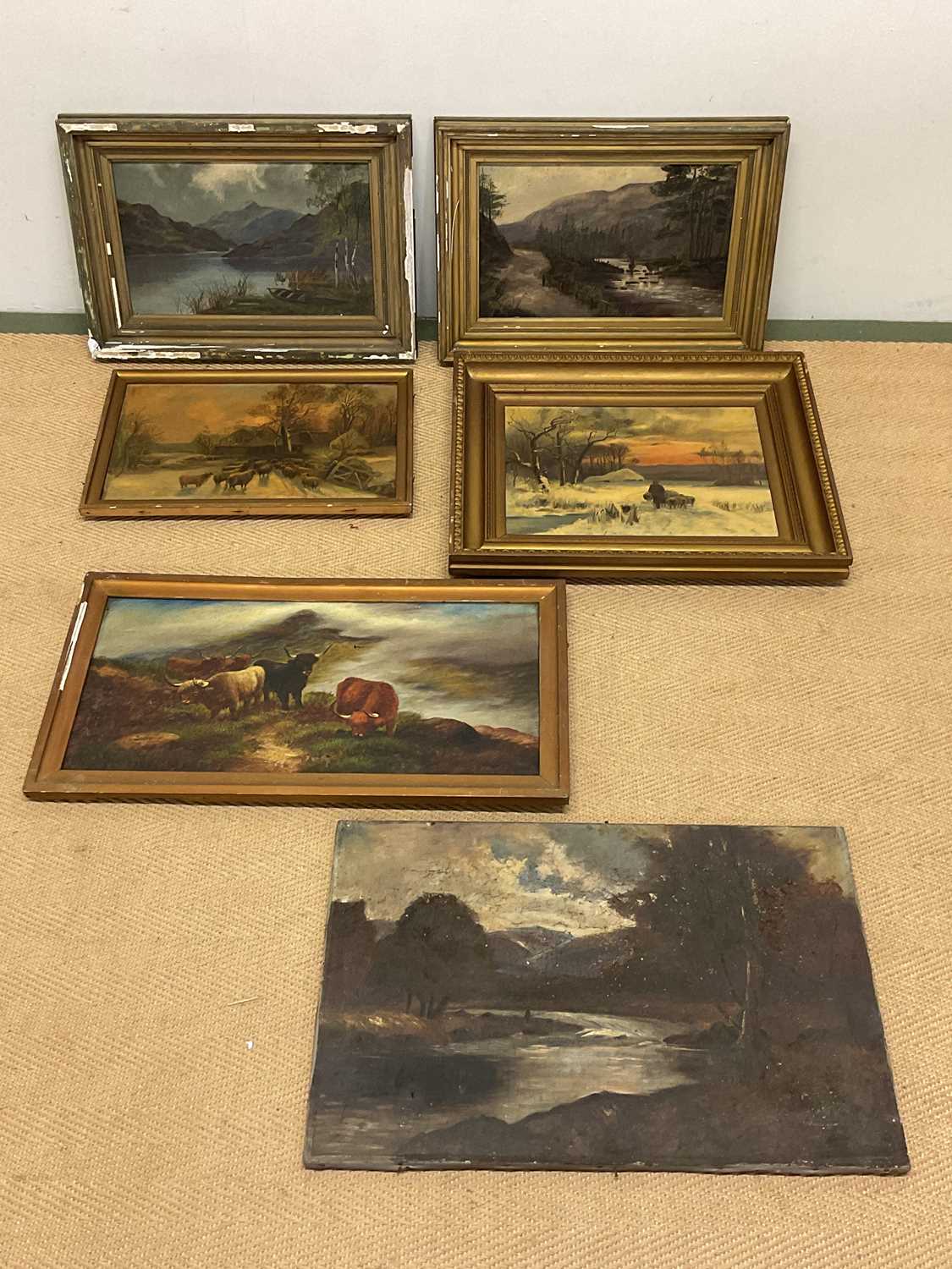 UNATTRIBUTED; six oils on canvas, late 19th/early 20th century landscape paintings, largest 41 x