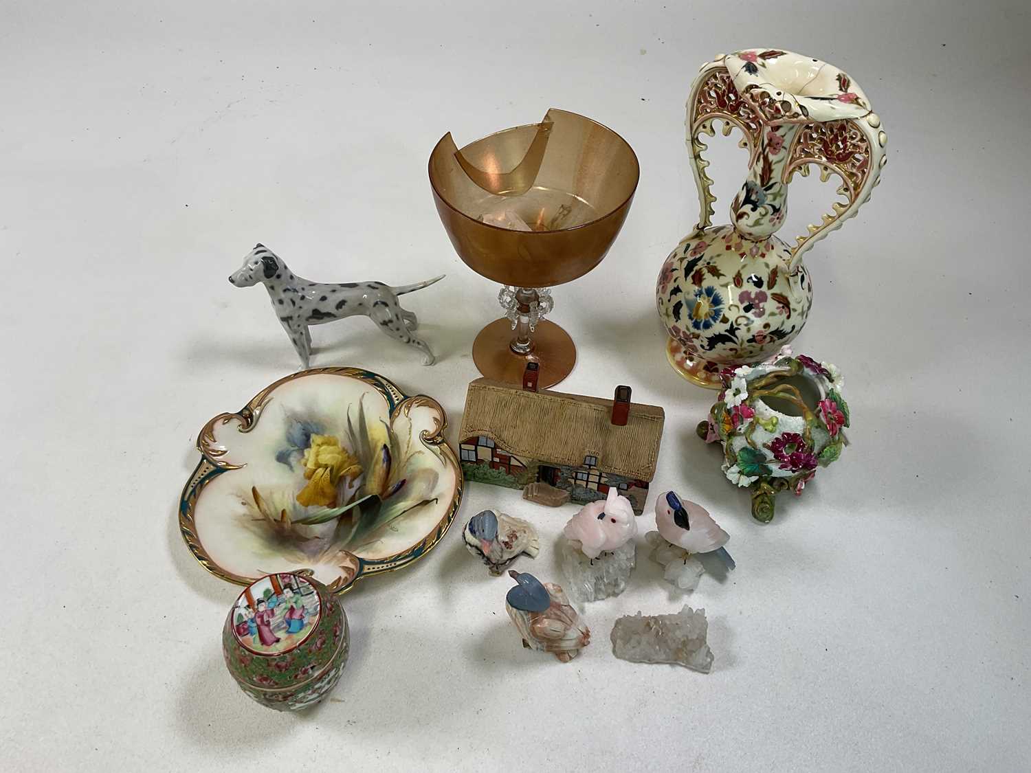 A group of decorative ceramics including a Worcester Hadley's floral painted plate, a damaged