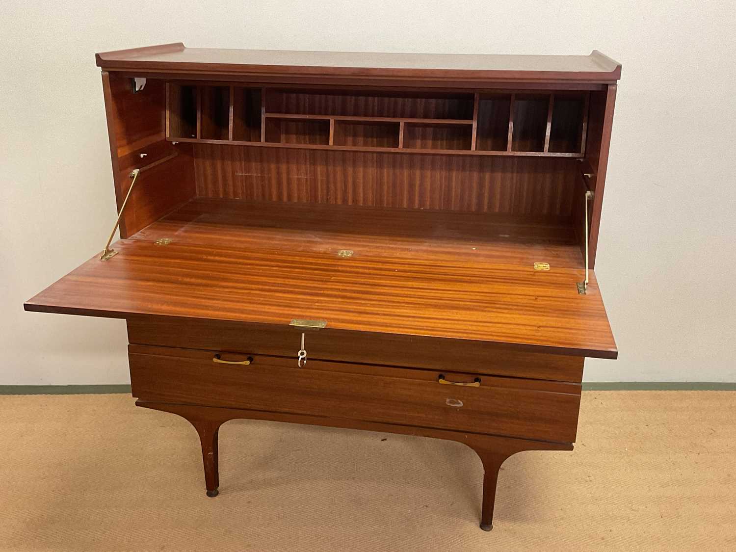 A mid 20th century drop front bureau desk over four drawers, height 112cm, width 110cm, depth 45cm. - Image 3 of 3