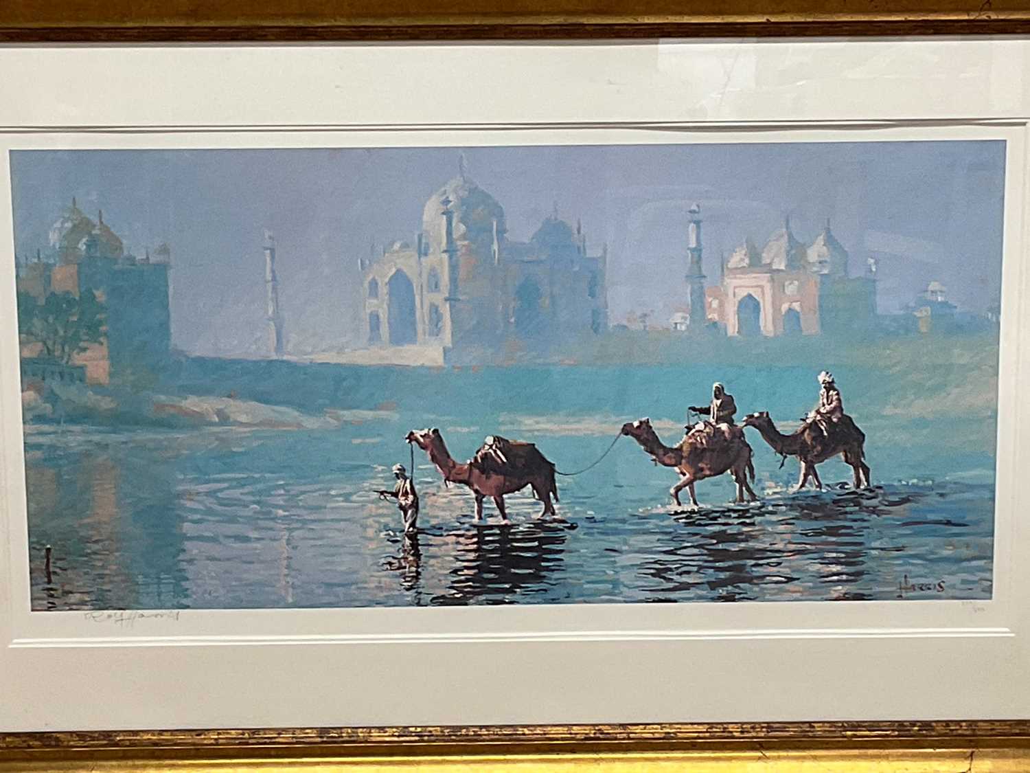 † ROLF HARRIS; a large signed limited edition print, 'Camels at the Taj Mahal', numbered 258/695, - Image 2 of 6