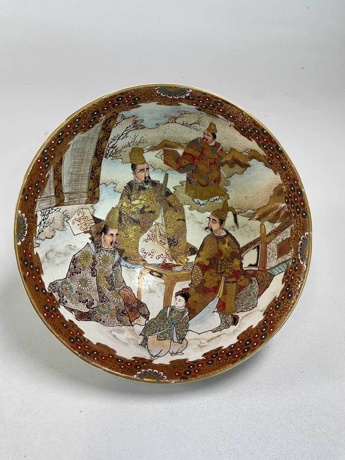 A large Japanese Satsuma bowl, diameter approx 27.5cm, a Satsuma koro and cover and a pair of - Image 2 of 8