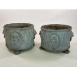 A pair of Georgian style lead planters of circular form with lion mask and ring mounts along with