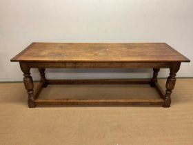 A large oak refectory table, height 74cm, width 213cm, depth 77cm.