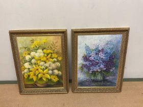 † JOAN CAWLEY (1925-2015); two oils on canvas, 'Yellow Lilies, Carnations and Yellow Daisies', and a