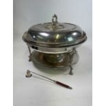 A large hotel silver plated serving dish of cylindrical form with cover, liner and stand set with