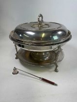 A large hotel silver plated serving dish of cylindrical form with cover, liner and stand set with