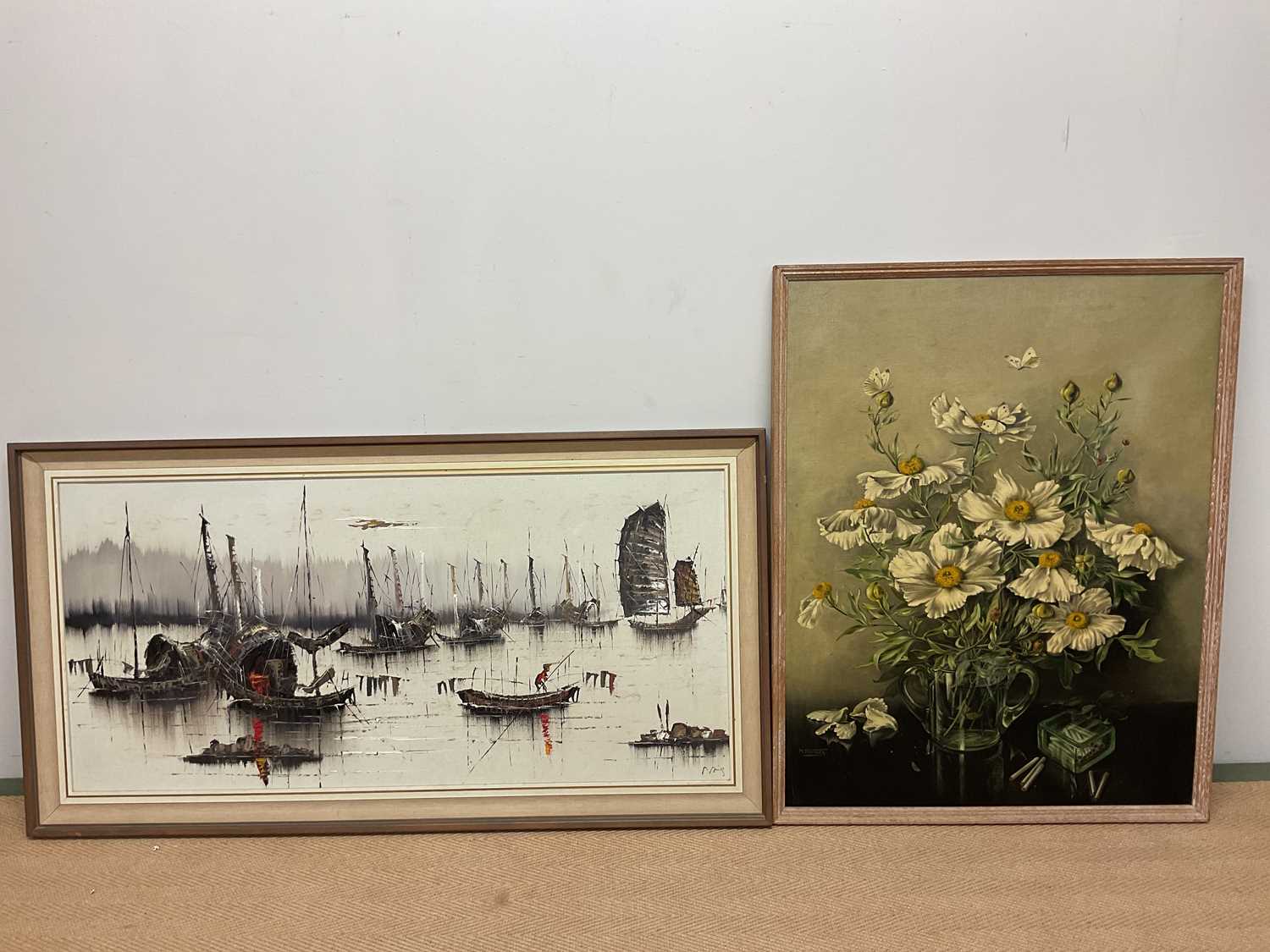 UNATTRIBUTED; two mid century oils on canvas, a Chinese Junk scene, 54 x 116 cm, and a still life of