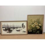 UNATTRIBUTED; two mid century oils on canvas, a Chinese Junk scene, 54 x 116 cm, and a still life of