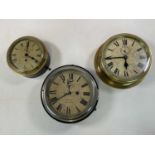 Three brass cased wall clocks, all with dials set with Roman numerals, one marked JW Ray, Liverpool,