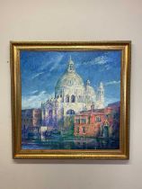 † MARTIN DUTTON; large oil on board, 'Santa Maria della Salute, Venice', signed, further signed,