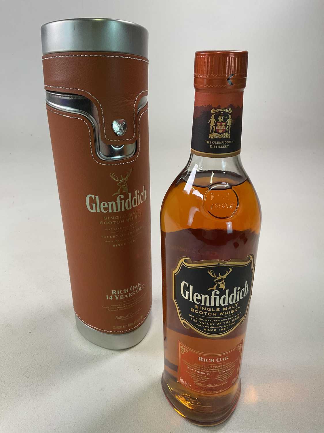 WHISKY; a bottle of Glenfiddich Single Malt Scotch whisky, Rich Oak, aged 14 years, 40%, 70cl, in