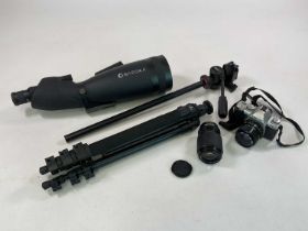 Selection of camera lenses, tripods etc