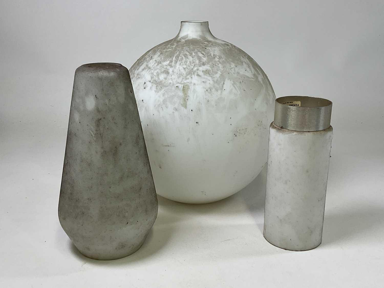 Three mid 20th century variously shaped opaline pendant lights with no fittings, largest height