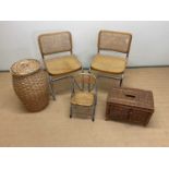 Pair of chrome and rattan chairs, a child's folding rattan chair and various wicker items.