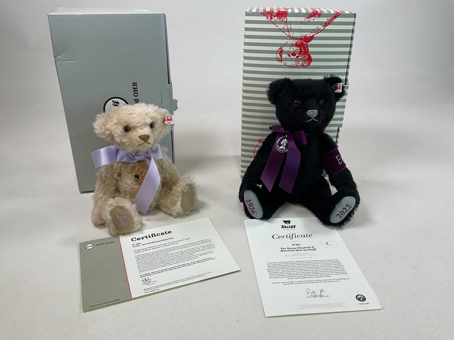 STEIFF; two boxed commemorative Teddy bear, The Queen Elizabeth II Memorial black bear 664519,