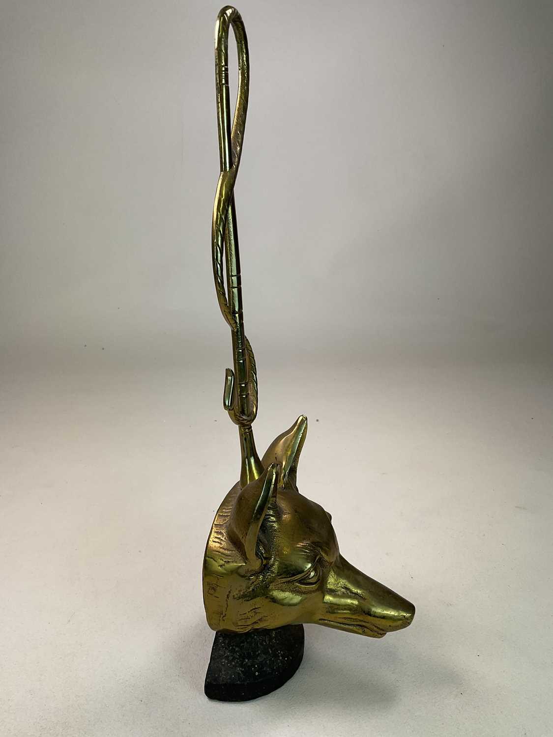 A brass and iron early 20th century doorstop on weighted base modelled as a fox head and whip with - Image 2 of 5