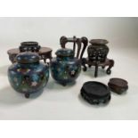 A pair of squat cloisonné jars and covers (lacking finials), height 12cm, and a small group of