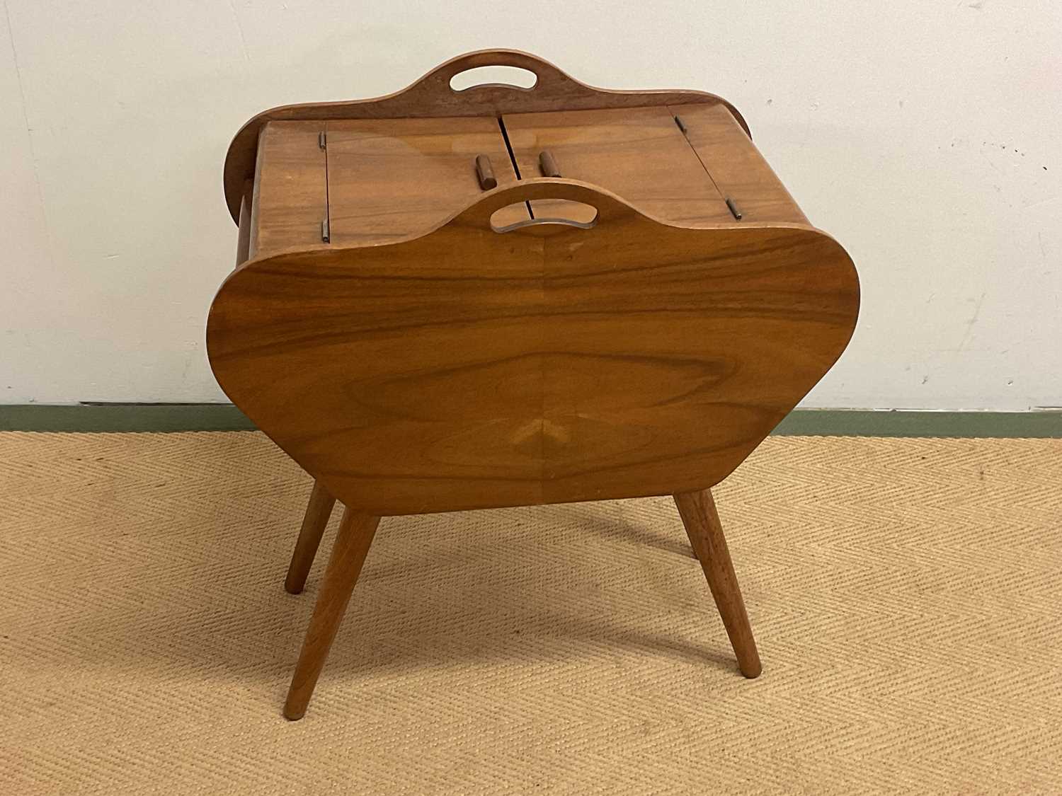 A mid century sewing table with fold out drawers, height 56cm, width 50cm, depth 31cm. - Image 2 of 2