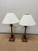 A pair of brass and wooden table lamps, height 76 cm, base 15cm square.