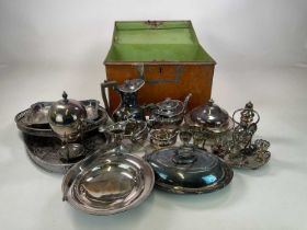 A quantity of plated wares including a tin box of cutlery and other items